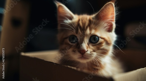 Cute little baby cat in a cardboard box. Little cat at home. Small pet. Pet care concept.