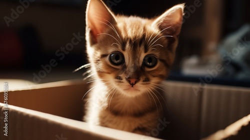 Cute little baby cat in a cardboard box. Little cat at home. Small pet. Pet care concept.