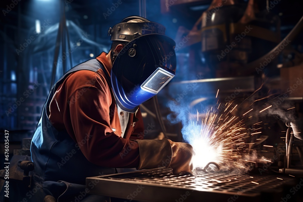Metal welder working with arc welding machine to weld steel at factory.Skillful metal worker working with arc welding.