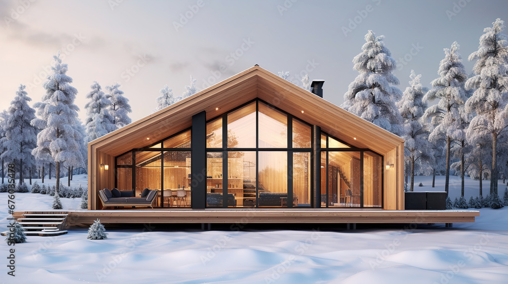 Modern country house near the forest in winter Modern country house near the forest in winter