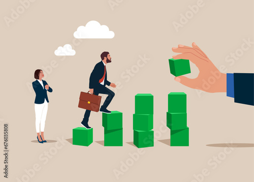 Achieve business success. Entrepreneur step up on cubic stack to achieve at the top. Ladder career path for business success. Vector illustration