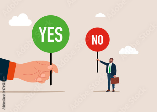 Big hand and tiny businessman holding YES and NO banner. Сoncept of Choice. Flat vector illustration