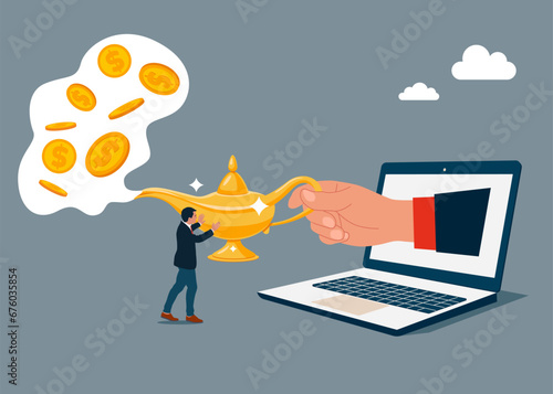 Businessman rubbing magic lamp and getting dollar coins. Financial and investment growth. Flat vector illustration