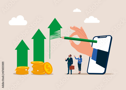 Big hand stepping out of the smartphone screen holding a green pencil and draw Finance growth arrow with Graph. Flat vector illustration