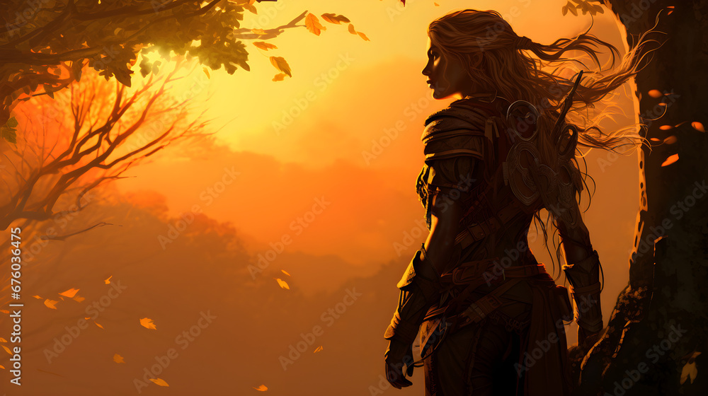 Obraz premium Silhouette of a female Warrior Against a Sunset Background