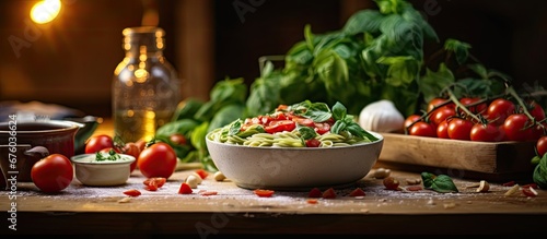 In the background of the cozy kitchen a wooden table adorned with fresh green vegetables showcases the art of cooking a vibrant red pasta dish with tomato sauce made from organic ingredients