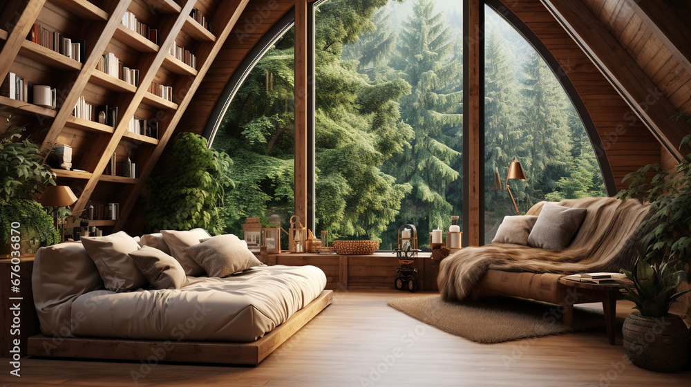 Cozy interior with panoramic window with great view on forest. Concept of rest in houses or cabins on nature. Cozy interior with panoramic window with great view on forest. Concept of rest in houses or cabins on nature.