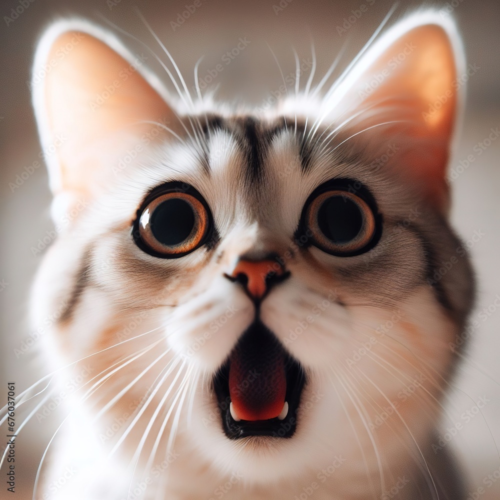The cat with his mouth open is very surprised. Generative AI