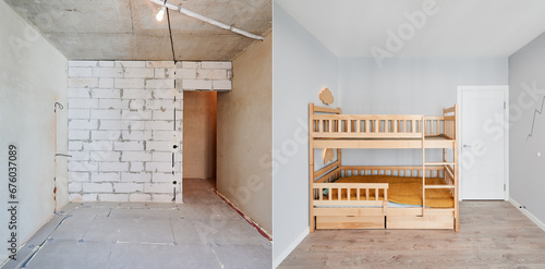 Comparison of children room with wooden bunk bed before and after restoration. Old apartment room with brick wall and new renovated flat with parquet floor and kid house bed. photo