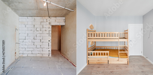 Canvas Print Comparison of children room with wooden bunk bed before and after restoration