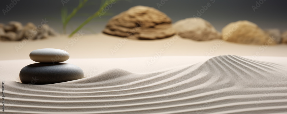 Stacked zen stones sand background art of balance concept banner