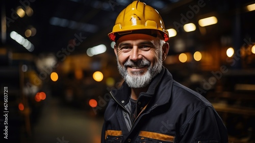Portrait of male engineer in uniform and protective helmet at workplace. © EUDPic
