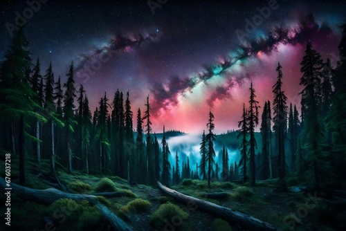 An otherworldly night sky filled with bright, colorful auroras dancing above a tranquil, moonlit forest. --