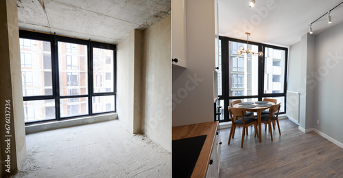 Empty room with large window before and after restoration. Comparison of old apartment and new flat with modern interior, parquet floor, table, chairs and white walls. Concept of home renovation.