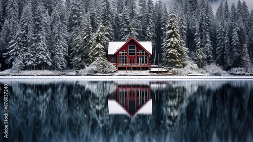 Small house near the lake with forest arount it photo