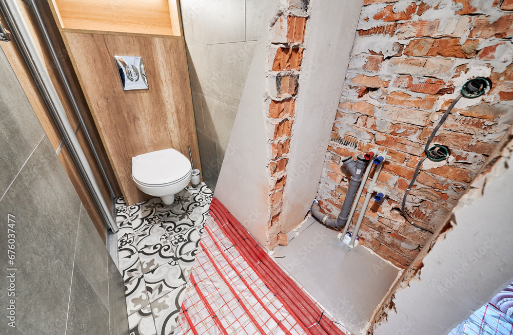 Comparison of washroom lavatory with wallhung flush toilet before and