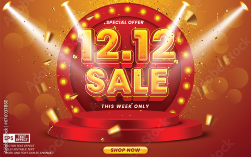December 12 sales banner template design with 12.12 editable number on podium and spot light