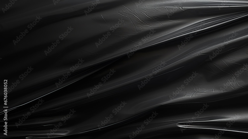 Fototapeta premium Authentic polyethylene texture on black background. Creased packaging