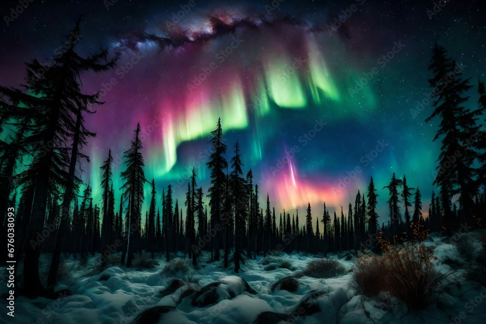 Fototapeta premium An otherworldly night sky filled with bright, colorful auroras dancing above a tranquil, moonlit forest. --