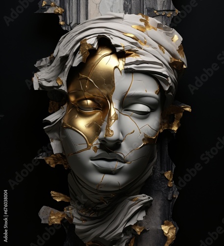 3d illustration of the gold and black of a head, mixed-media sculptor, marble sculpture, fragmented realism