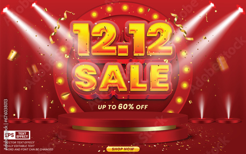 12 december shopping day mega sale template with 12.12 editable number and stage podium on red background