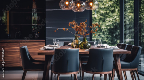 modern interior design with wood table and chairs