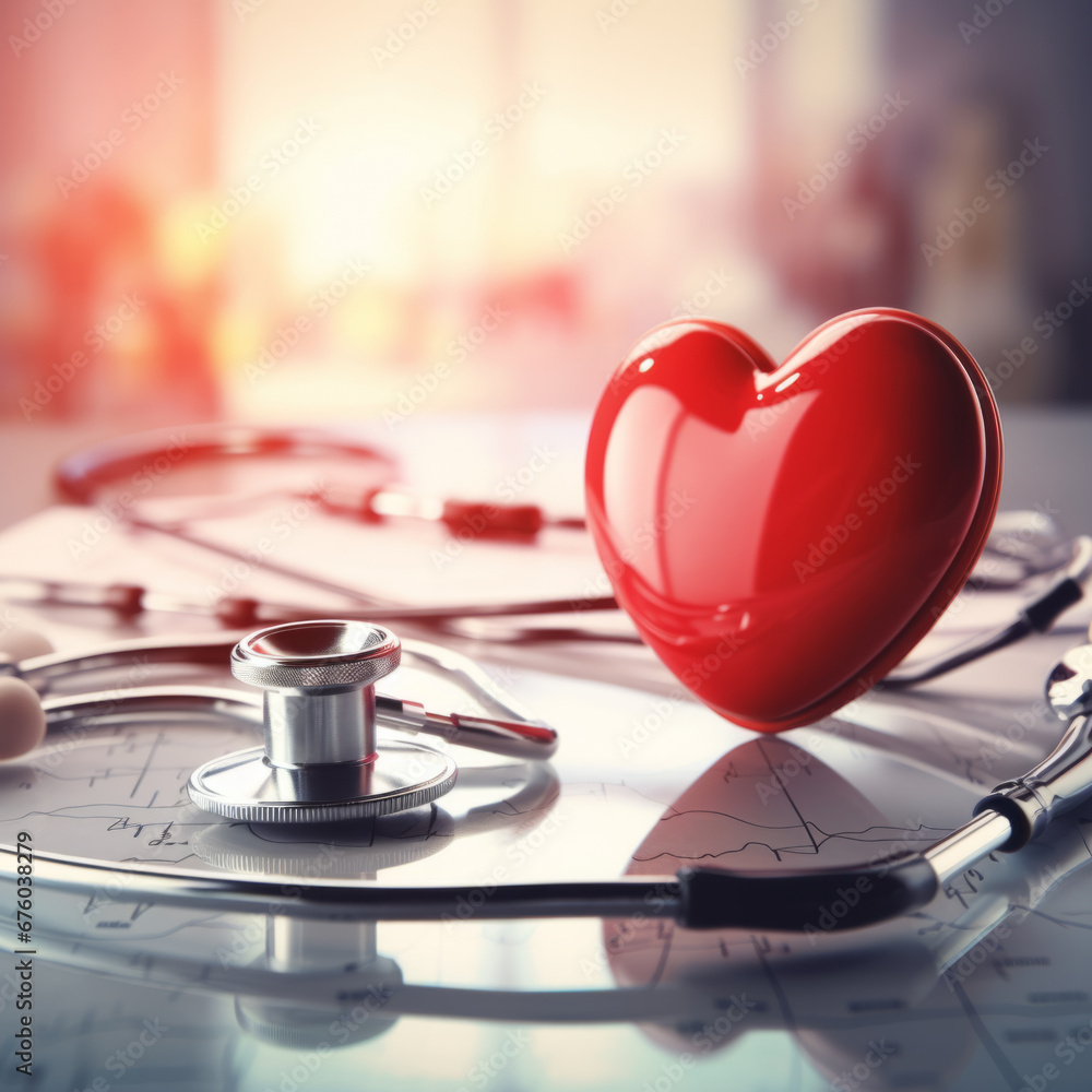 Stethoscope and red heart on table. Cardiology concept Stethoscope and red heart on table. Cardiology concept