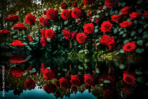 A tranquil pond reflecting a cluster of red roses hanging gracefully over the water's surface, creating a serene and surreal scene.--