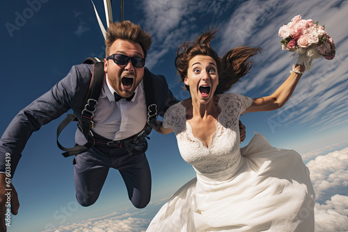 extreme adventure sky diving wedding, bride and groom jumping out of a plane with parachutes, i do