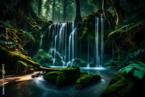 A hidden waterfall in a dense, mystical forest, the water cascading down into a crystal-cle