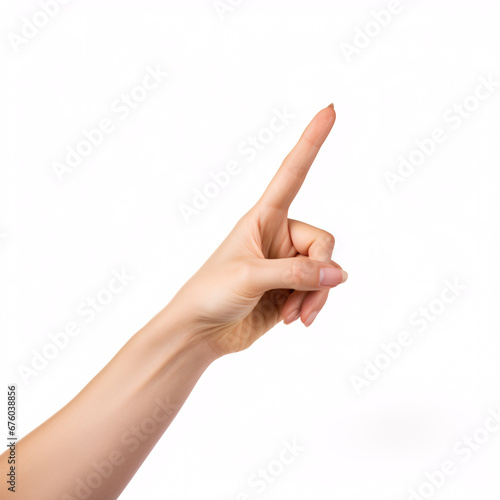 A woman s hand  pointing upwards  is depicted against an isolated white backdrop.