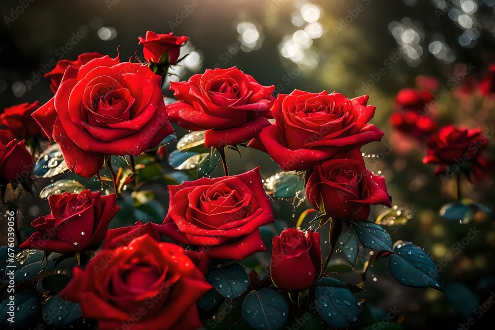 A close-up of vibrant red roses in full bloom, their petals glistening with dewdrops in the morning light.--