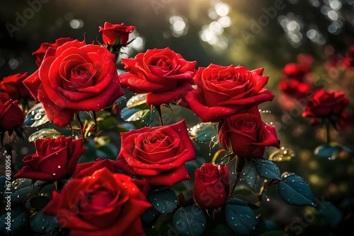 A close-up of vibrant red roses in full bloom  their petals glistening with dewdrops in the morning light.--