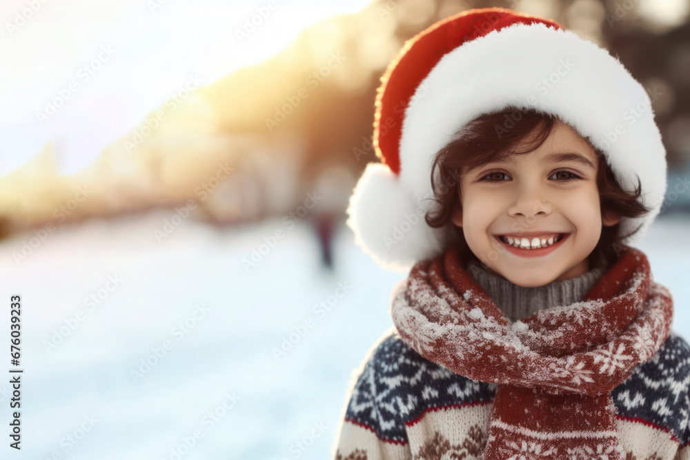 Child smiling in the winter background, happy kid in christmas and snowy landscape. ai generative Child smiling in the winter background, happy kid in christmas and snowy landscape. ai generative