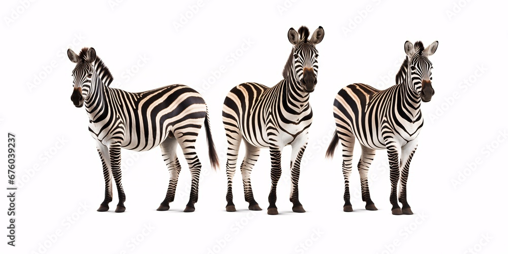Fototapeta premium Group of three Zebras in the savanna, secluded on a white backdrop.