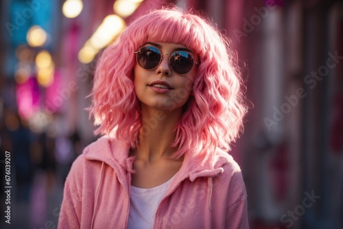 Carefree girl on pink wig and sunglasses. ai generative © Igor