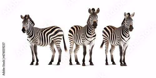 Group of three Zebras in the savanna  secluded on a white backdrop.