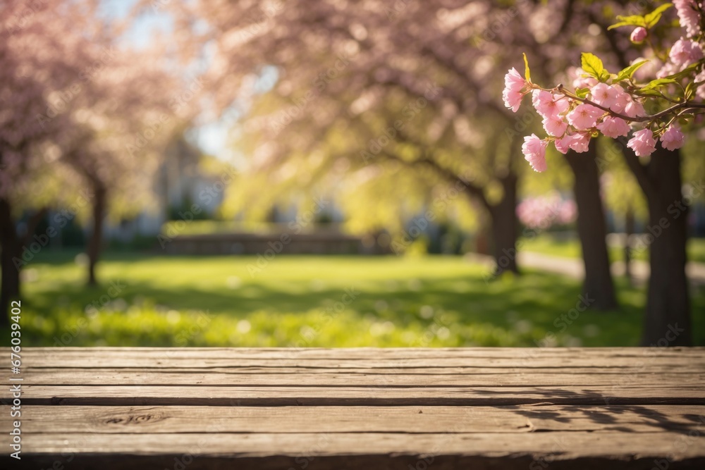 Empty old wooden table with Spring with trees in blooming and defocused sunny garden. ai generative
