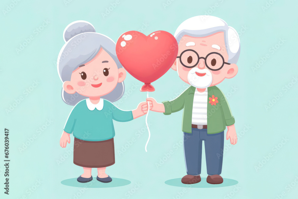 Grandparent hold heart balloon with smiling , Happy retirement and life healthy , cartoon illustration. ai generative Grandparent hold heart balloon with smiling , Happy retirement and life healthy , cartoon illustration. ai generative