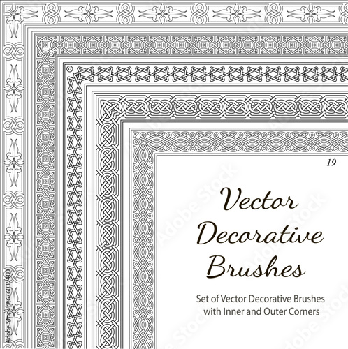 Set of Vector Decorative Color Brushes.
Vector Decorative Brushes with Inner and Outer Corners. Seamless Borders for Patterned Frames. 
