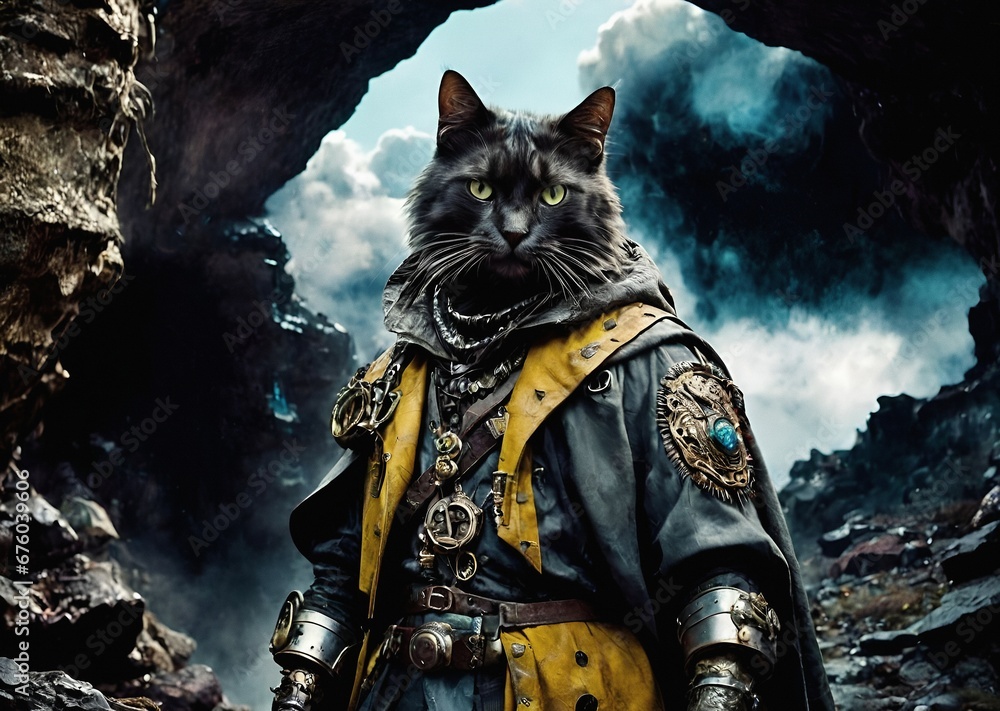 Anthopomorphic feline cat character stands in a harsh landscape Anthopomorphic feline cat character stands in a harsh landscape