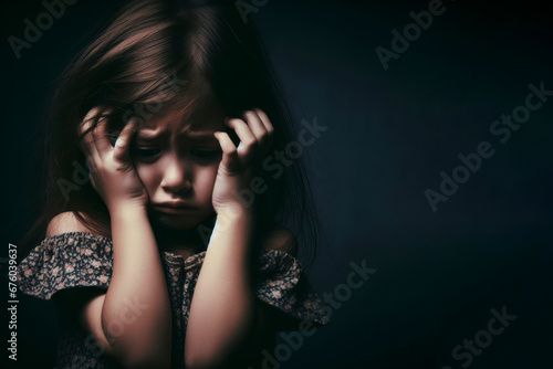 Kid girl stress and cry on dark background. ai generative