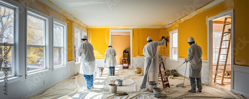 Construction workers paint walls and install ceiling. photo