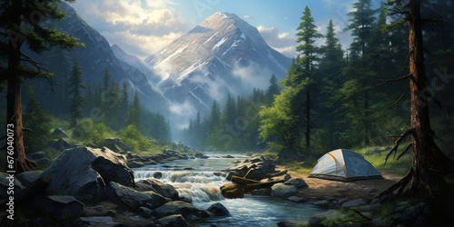 camping in tent on a mountain stream