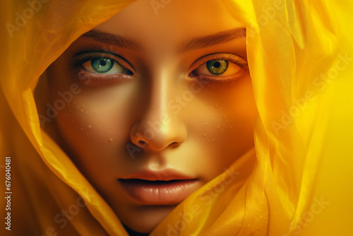 Close up portrait of model girl with blue eyes and artistic yellow effect and wearing light yellow scarf