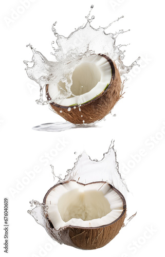 cracked coconut with coconut milk splashing over transparent file png
