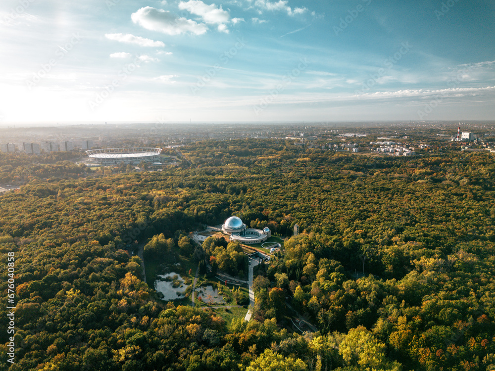 Park Chorzów Planetarium z powietrza - Zachód Słońca