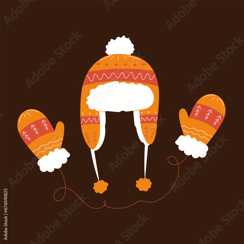 Warm winter hat and mittens in brown, soft fluffy cozy clothes with flat pattern patterns.