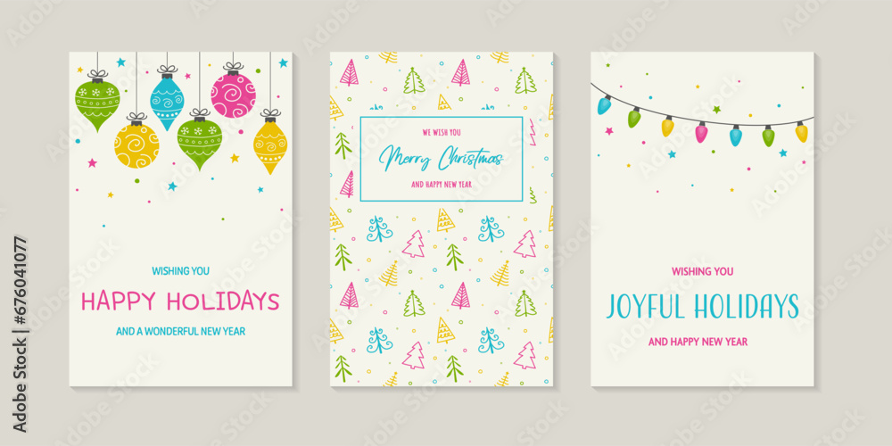 Fototapeta premium Collection of colourful Christmas greeting cards. Hand drawn tree, bauble and lights. Vector illustration