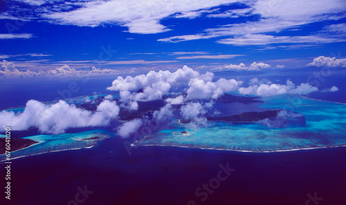 French Polynesia: Airshot from Bora Bora Island, the laggon an coral reefs
